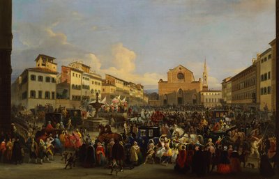 Piazza Santa Croce Firenzessä karnevaalin aikana tekijältä Giovanni Signorini