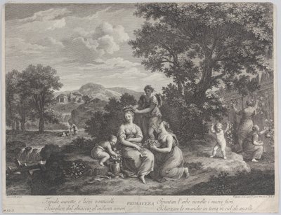 Primavera, naisryhmä, joka kerää kukkia ja tekee niistä kruunuja, n. 1764. tekijältä Giovanni Volpato