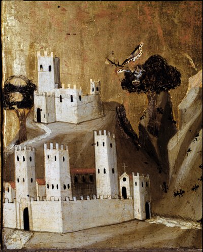 Rinuccini-alttaritaulu: Neitsyt ja lapsi pyhien kanssa - Yksityiskohta predellistä, joka kuvaa kaupunkia - tempera paneelissa tekijältä Giovanni da Milano