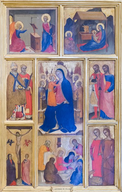 Neitsyt Maria ja lapsi pyhimysten kanssa ja kohtauksia Kristuksen elämästä tekijältä Giovanni da Milano