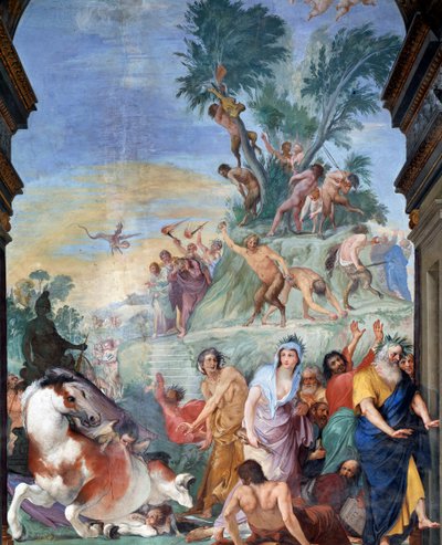 Muusat ja runoilijat metsästävät Parnassusta (Parnassuksesta karkotetut muusat ja runoilijat) Giovanni da San Giovannin (1592-1636) freskoyksityiskohta 1634-1642 Museo degli argenti, Palazzo Pitti, Firenze tekijältä Giovanni da San Giovanni