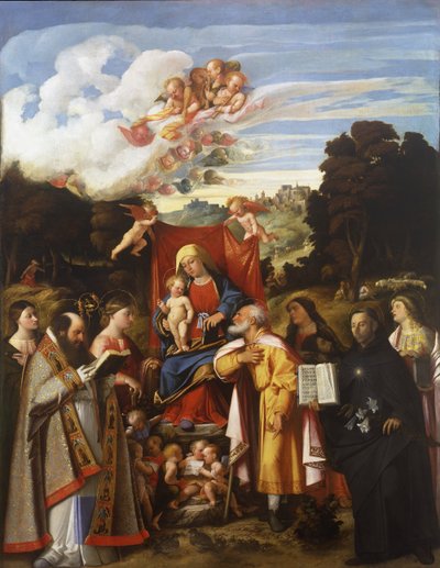 Madonna valtaistuimella enkelien, Pyhän Apollonian, Pyhän Augustinuksen, Pyhän Katariinan, Pyhän Joosefin, Pyhän Gratan, Pyhän Philip Benizzin ja Pyhän Barbaran kanssa (Pyhän Gotthardin alttaritaulu) tekijältä Giovanni de Busi Cariani