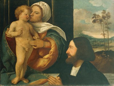 Giovanni Carianin (syntynyt 1485-1490-kuoli vuoden 1547 jälkeen) Madonna lapsen kanssa ja harrastaja tekijältä Giovanni de Busi Cariani