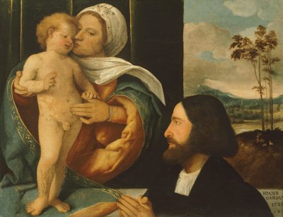 Giovanni Carianin (syntynyt 1485-1490-kuoli vuoden 1547 jälkeen) Madonna lapsen kanssa ja harrastaja tekijältä Giovanni de Busi Cariani