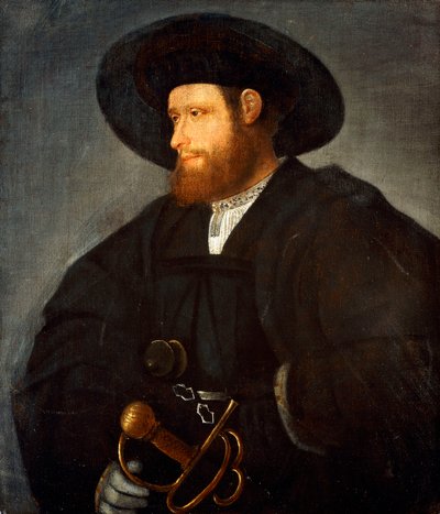 Muotokuva herrasmiehestä, puolipitkä, yllään musta puku ja musta hattu, tekijältä Giovanni de Busi Cariani