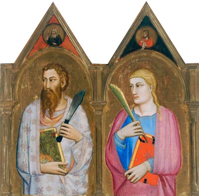 Pyhä Bartolomeus ja evankelista Johannes (oikeat triptyykin paneelit) (taulussa tempera ja kultalehti) tekijältä Giovanni del (follower of) Biondo