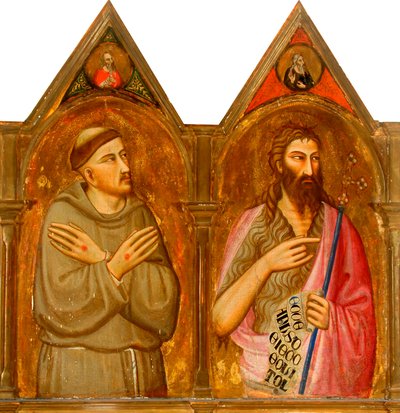 Pyhä Franciscus ja Johannes Kastaja (vasemmat triptyykin paneelit) (tempera ja kultalehti paneelissa) tekijältä Giovanni del (follower of) Biondo