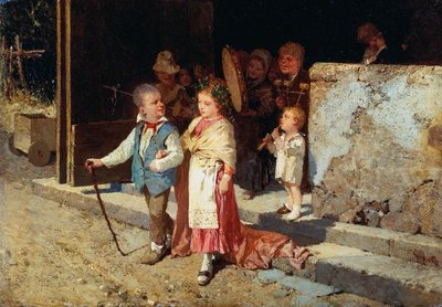Nuori aviopari, kirjoittanut Giovanni Del Re (1829-1919), öljytaulu, 23x33 cm tekijältä Giovanni del Re