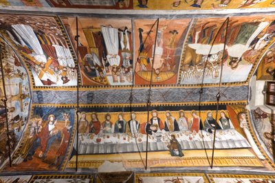 Botonerin kappelin holvi, jossa on tarinoita Kristuksen kärsimyksestä. tekijältä Giovanni di Cherasco Botoneri