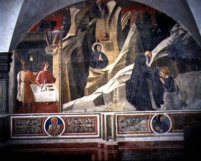 Pyhä Benedictus saa leipää ja viitta Hermit Romanolta, yksityiskohta Pyhän Benedictuksen elämän freskojaksosta Chiostro degli Aranci (appelsiiniluostari) n. 1430-luku (fresko) tekijältä Giovanni di Consalvo (attr. to)