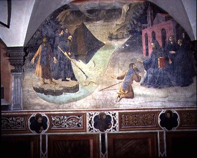 Pyhä Benedictus noutamassa puuhakkurin kirveen järvestä, yksityiskohta Pyhän Benedictuksen elämän freskojaksosta Chiostro degli Aranci (appelsiiniluostari) n. 1430-luku (fresko) tekijältä Giovanni di Consalvo (attr. to)