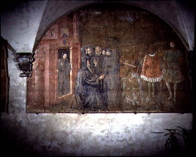 Pyhä Benedictus ja lähettiläs kuningas Totilasta, yksityiskohta Pyhän Benedictuksen elämän freskojaksosta Chiostro degli Aranci (appelsiiniluostari) n. 1430-luvulla (fresko) tekijältä Giovanni di Consalvo (attr. to)