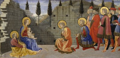 Adoration of Magi, yksityiskohta syntymästä ja adoration of Magi, vuosina 1457-1459, kirjoittanut Giovanni di Francesco (1412-1459), tempera puulla. tekijältä Giovanni di Francesco