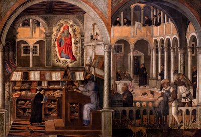 Pyhä Hieronymus ilmestyy pyhälle Augustinukselle, noin 1505-1510 (öljy ja tempera kankaalle). tekijältä Giovanni di Niccolo Mansueti