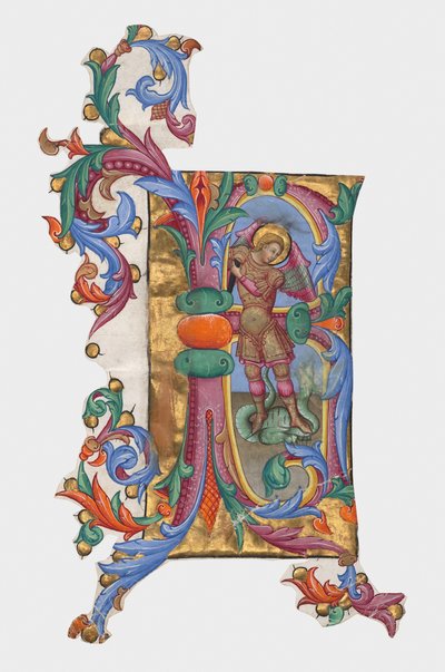 Initiale R oder B: Heiliger Michael und der Drache, Ausschnitt aus einem Antiphonar tekijältä Giovanni di Paolo