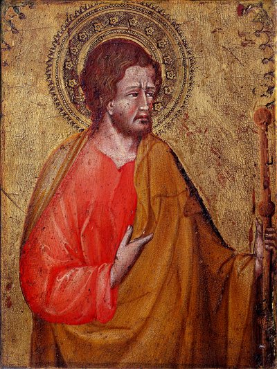 Pyhän Jaakobin Peleriinin esitys Tämä on Pyhä Jaakob Major tai Pyhä Jaakob, Sebedeuksen poika. Giovanni di Paolon maalaus (1395 / 1400-1482) 1400-luvun Assisi, San Francescon basilikan aarremuseo ja Perkinsin kokoelma tekijältä Giovanni di Paolo
