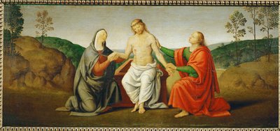 Neitsyt Marian ja apostoli Johanneksen tukema kuollut Kristus ... tekijältä Giovanni di Pietro (c.1450 1529) (studio of)