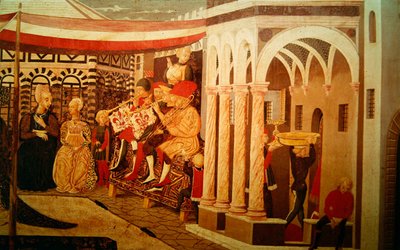 Adimari Cassonen etuosa, joka kuvaa hääkohtausta kastekappelin edessä, n. 1450 tekijältä Giovanni di Ser Giovanni Scheggia