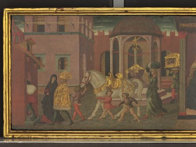 Trajanuksen ja lesken tarina, yksityiskohta cassone-taulusta, noin 1450 (tempera paneelille). tekijältä Giovanni di Ser Giovanni Scheggia