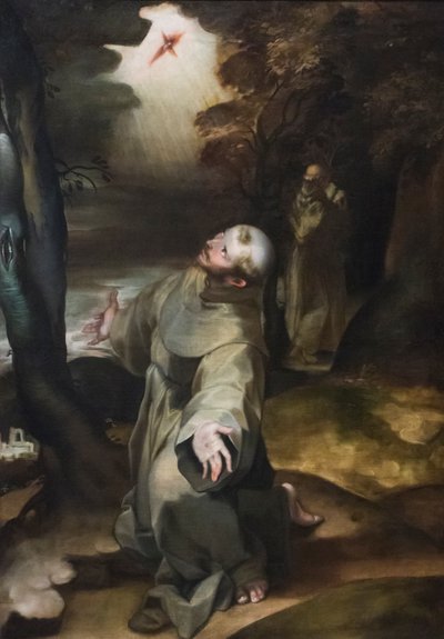 Pyhä Franciscus vastaanottamassa stigmat (öljy puulevylle) tekijältä Girolamo (follower of) Muziano