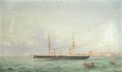 Taistelulaiva HMS Inflexible lähdössä merelle Valettan suursatamasta. tekijältä Girolamo Gianni