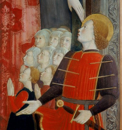Yksityiskohta Pyhästä Sebastianuksesta, Madonna della Misericordia sekä Pyhä Venantius ja Pyhä Sebastianus, 1463. tekijältä Girolamo Giovanni