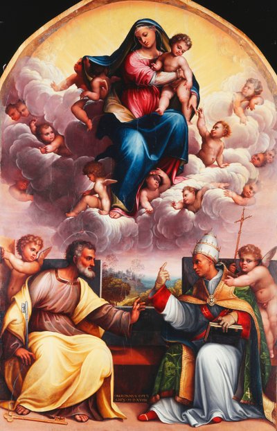 Madonna ja lapsi kunniassa pyhien Pietarin ja Gregorius Suuren kiistan ja enkelien kanssa tekijältä Girolamo Marchesi da Cotignola