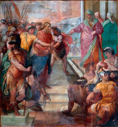 Kristus johdatetaan Kaifuksen eteen Yksityiskohta yhdestä Girolamo Massein (1540-1614) 1594-1600 Rooma, Santa Prassede tekemästä Kristuksen kärsimystä kuvaavasta freskosta tekijältä Girolamo Massel