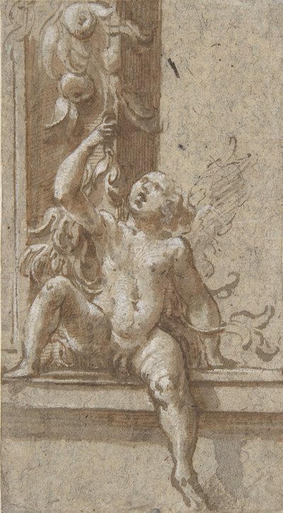 Rungon päällä istuva Putto, n. 1538-40. tekijältä Girolamo Mazzola Bedoli