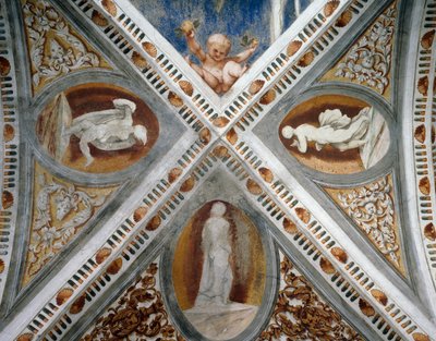 Mosaiikkirakenteet ja patsaat, yksityiskohta Girolamo Romaninon freskoista (n. 1484-1559 jälkeen), Bernardo Clesion tilaus tekijältä Girolamo Romanino
