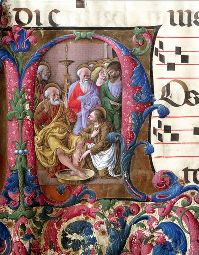 Koristeltu kirje, jossa Kristus pesee jalkoja, Girolamo da Cremonan pienoismalli (toiminut noin 1451-1483) ja Liberale da Verona (1445-1529) kuorosta (Cod. 22/7. c.37) Sienan katedraalista. 1400-luvun Sienan katedraali (Duomo), Italia tekijältä Girolamo da Cremona