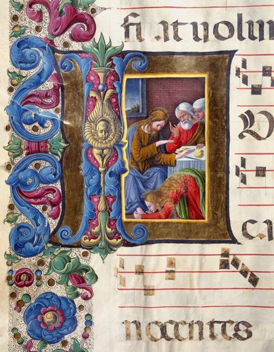 Girolamo da Cremonan (toimii noin 1451-1483) ja Liberale da Veronan (1445-1529) kuorosta (Cod. 22/7. n. 15v) Sienan katedraalista peräisin oleva Decoree-kirjelomake, jossa on kuvattu Maria Magdaleena Jeesuksen jaloissa. . 1400-luvun katedraali (Duomo). tekijältä Girolamo da Cremona