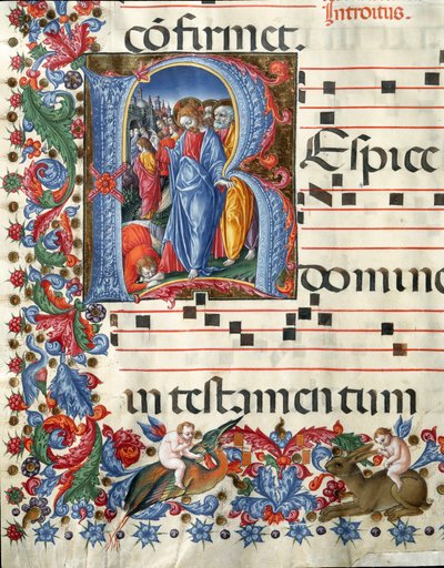 Decoree-letriini, joka kuvaa Kristusta ja spitaalista miniatyyriä Girolamo da Cremonalta (toimii noin 1451-1483) ja Liberale da Verona (1445-1529) kuorosta (Cod. 19/4. c.26.) Sienan katedraalista. 1400-luvun Sienan katedraali (Duomo), Italia tekijältä Girolamo da Cremona