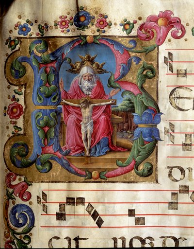 Lettrine B decoree edustaa Pyhää Kolminaisuutta (Armon valtaistuinta) Jumalaa, Jeesusta Kristusta ja Pyhän Hengen kyyhkystä (Pyhä Henki). Girolamo da Cremonan miniatyyri (toimii noin 1451-1483) kuorosta (Cod. 10/L. n. 81v) Sienan katedraalista. 15t tekijältä Girolamo da Cremona