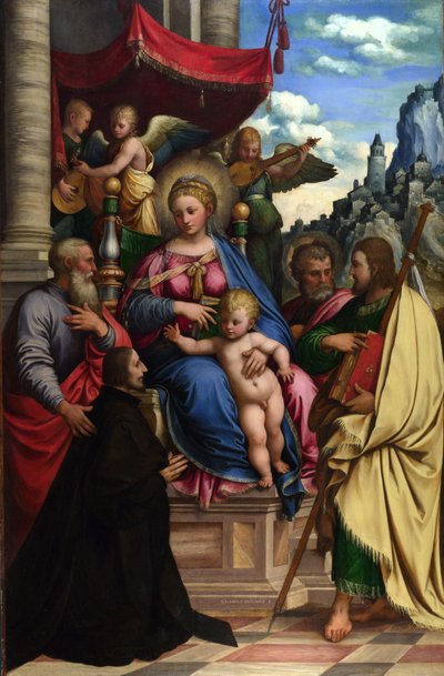 Madonna ja lapsi enkelien, pyhimysten ja lahjoittajan kanssa tekijältä Girolamo da Treviso the Younger