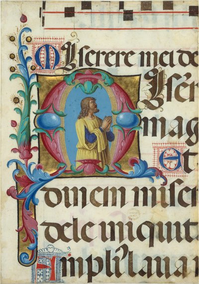 Käsikirjoituksen valaistus Daavidin kanssa rukouksessa M:n alussa, psalterista, 1501-2. tekijältä Girolamo dai Libri