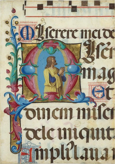 Manuscript Illumination with David in Prayer in an Initial M, from a Psalter, Italian, 1501-2.  tekijältä Girolamo dai Libri