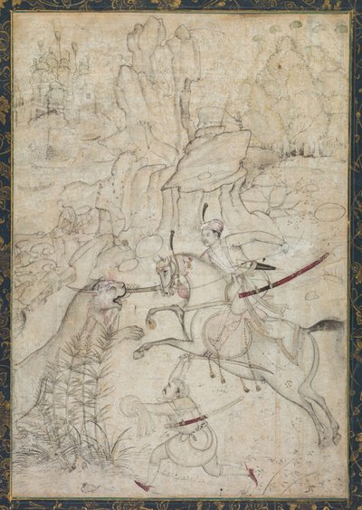 Ratsastettu prinssi metsästää leijonaa kallioisessa maisemassa tekijältä Girolamo della Robbia
