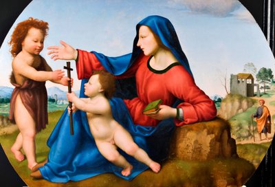 Madonna ja lapsi sekä nuori Johannes Kastaja (öljy paneelille) tekijältä Giuliano Bugiardini