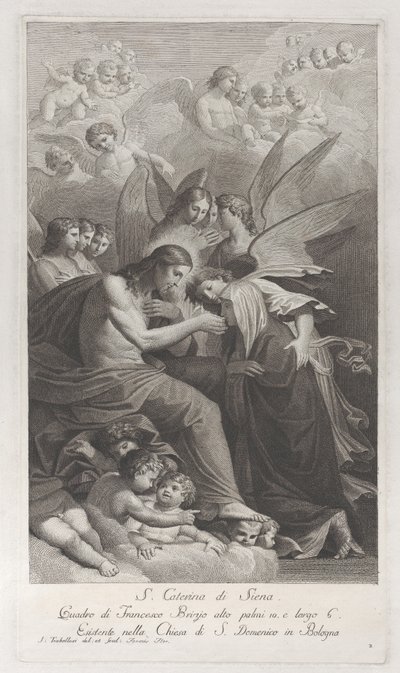 Kristus antaa pyhän sotakunnan polvistuvalle Pyhälle Katariinalle Siena..., 1750-1812. tekijältä Giuliano Traballesi