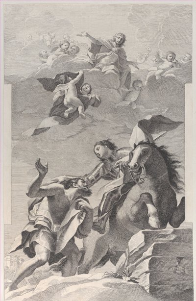 Pyhä Martin, hevosen selässä antamassa viittansa kerjäläiselle..., 1760-1800. tekijältä Giuliano Traballesi