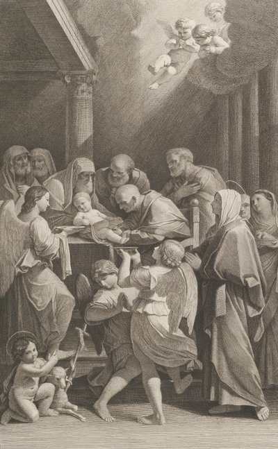 Kristuksen ympärileikkaus, häntä ympäröivä ryhmä miehiä, naisia ja enkeleitä,..., noin. 1760-1800. tekijältä Giuliano Traballesi