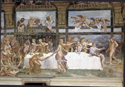 Valmistelut jumalten juhlaan Cupidon ja Psychen häitä varten, yksityiskohta tekijältä Giulio (1483 1520) Romano