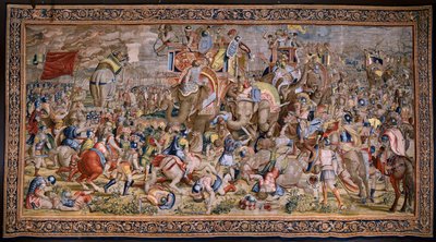 Flanderin kuvakudos. Sarja Scipion teot: Zaman taistelu. Sarjakuvapiirtäjä Giulio Romano. Balthasar van Vlierdenin (?) ateljee, Bryssel. 1523-1532. tekijältä Giulio (after) Romano