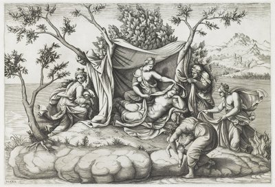Latona synnyttää Apollon ja Diana, kaiverrus Diana Mantovana (s.1535), vuoden 1575 jälkeen (kaiverrus) tekijältä Giulio (after) Romano