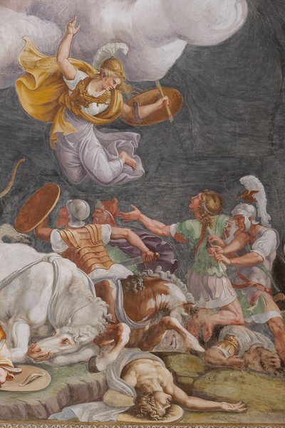 Taistelu, yksityiskohta, Troijan hevonen, Troijan kammio (Sala di Troia) tekijältä Giulio (and workshop) Romano