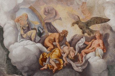 Olympuksen jumalat, Troijan hevonen, Troijan kammio (Sala di Troia) tekijältä Giulio (and workshop) Romano