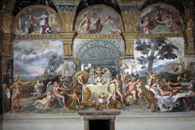 Amorin ja Psychen häitä juhlittava jalo juhla, Amorin ja Psychen huoneen eteläseinä, n. 1527-31 (fresko) tekijältä Giulio (and workshop) Romano