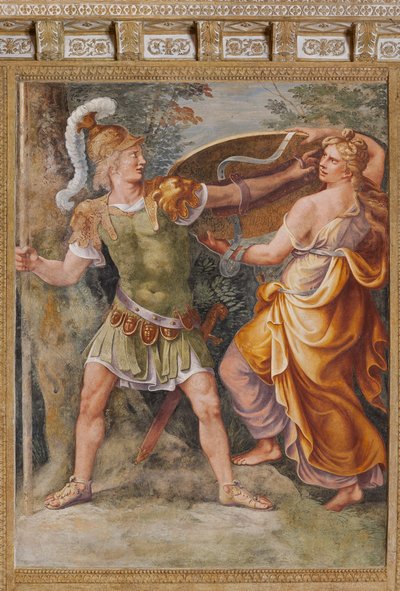 Thetis antaa Akilleukselle Hephaiston (Vulcan) takomia aseita, Troijan hevonen, Troijan kammio (Sala di Troia) tekijältä Giulio (and workshop) Romano