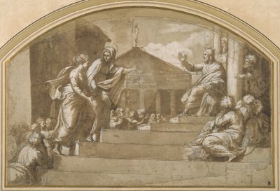Martha tuo Maria Magdalenan Kristuksen luo (kynä ja muste paperille) tekijältä Giulio (attr. to) Romano
